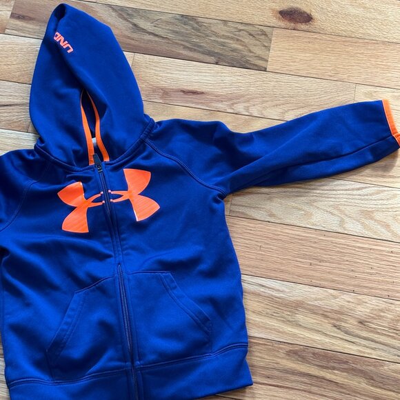 Under Armour Hoodie Boys 4 Navy Neon Orange Full Zip Long Sleeves Logo Pockets - Picture 2 of 9